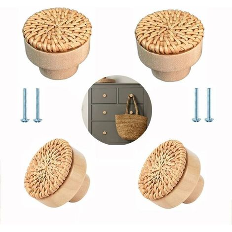 Juego de 4 pomos para muebles de ratán - estilo bohemio - para muebles - madera - estilo vintage (1/4)