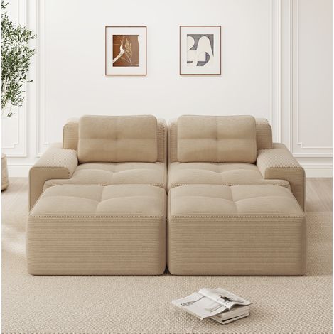 Sofá modular en U de pana beige, sin montaje, con otomana, OKWISH (1/5)
