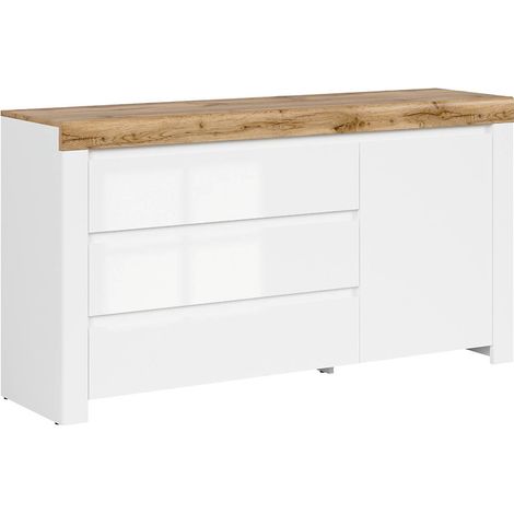 Pegane – Buffet blanc/chêne wotan avec 1 porte et 3 tiroirs – Dimensions 156 x 42 x 83,5 cm – Panneaux d’aggloméré et HDF (1/5)