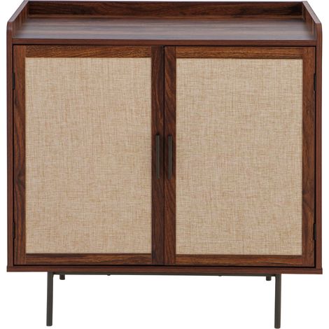 Calicosy – Buffet 2 portes décor noyer avec façades en tissu beige – Dimensions L80 x H79 x P39,5 cm – Poignées et pieds métal noir (1/5)