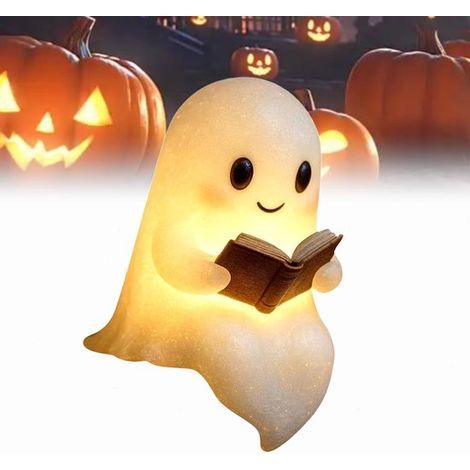 Lampe fantôme - Lampe d'Halloween - Veilleuse - À piles, lumière chaude, 14 cm, sans fil, design mignon - Décoration pour chambre et fêtes - Cadeau pour les amoureux des livres