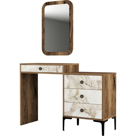 Commode 4 tiroirs avec miroir mural bois foncé et blanc effet marbre Kindo 124cm (1/5)