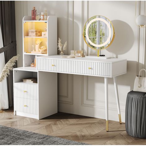 Toeletta con specchio LED e 4 cassetti 100x40x125 cm OKMYHOME (1/5)