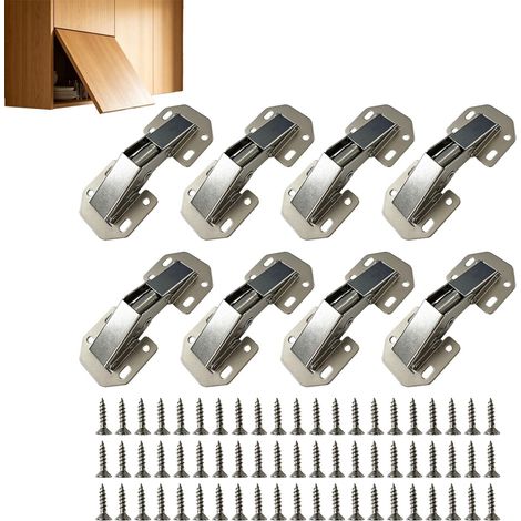 Set di 8 cerniere a montaggio superficiale per ante di mobili, 105 × 43 mm, apertura a 90°, non richiede foratura circolare da 35 mm, acciaio nichelato, con 64 viti per armadi e credenze. (1/5)