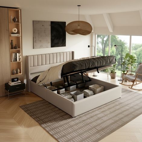 Lit coffre 160x200 - lin,lit double avec levier hydraulique,lit adulte,tête de lit rayée, structure métallique, Sommier à lattes,lit capitonné, adapté aux adultes et adolescents - Beige (1/5)