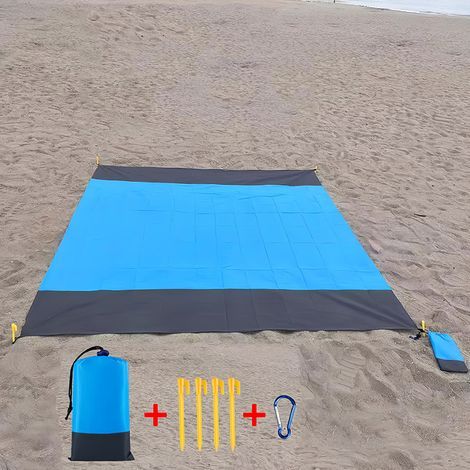 Couverture de plage 210 x 200 cm - Imperméable - Sans sable - Pliable - En polyester léger - Pour plage, camping et pique-nique - Avec sac à cordon de serrage - 4 coins de fixation (1/2)