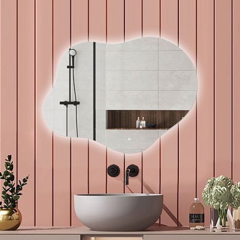 Aica Miroir de salle de bain Forme Nuage Lumineux 90×68cm, rétro-éclairage, Design Asymétrique, 3 Couleurs + Dimmable + Anti-buée + Mémoire