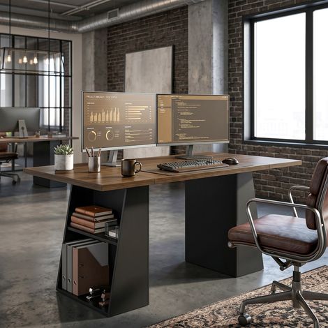 Bureau avec 4 étagères ouvertes, style industriel, 140 cm, marron-noir, meuble de rangement en bois et métal, poste de travail robuste pour bureau à domicile, design loft. (1/5)