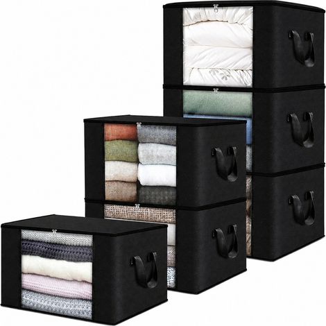 Ensemble de 3 boîtes de rangement pliables pour penderie, sac de rangement pour vêtements avec fenêtre transparente, grande capacité, noir pur 60 L - lot de 6 (1/5)