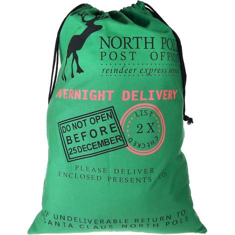 Santa Sack Green- Christmas Reindeer Post Office Draw String Present Bag Sack