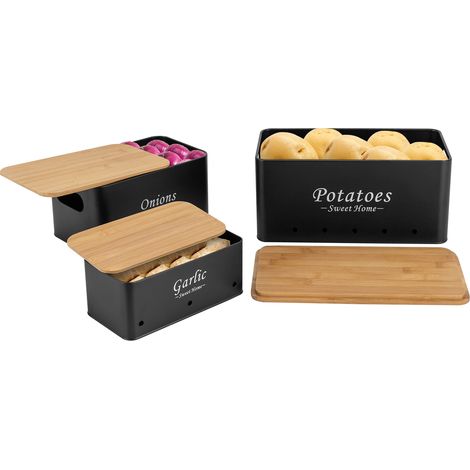 Ensemble de 3 boîtes de stockage oignons/pommes de terre/ail de stockage organisateur cuisine Muitifunctional conteneur - garde les légumes frais pour plus longtemps, noir (1/5)