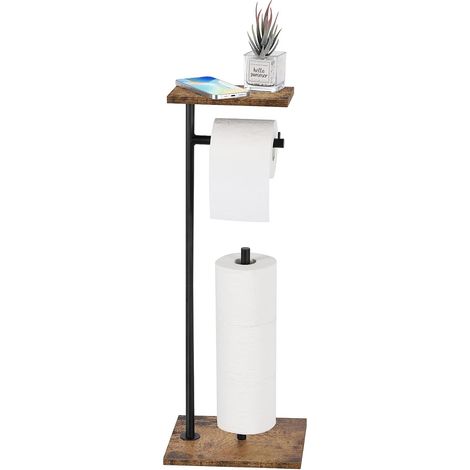 Porte Papier Toilette sur Pied sans Perçage Support Papier Toilette sur Pied avec Tablette Supérieure Toilet Paper Holder avec Base Antidérapante pour Contenir 4 Rouleaux Papier (Brun) (1/5)