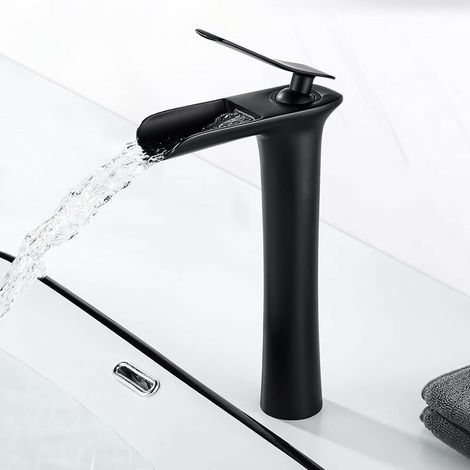 Mattschwarzer Wasserfall-Badezimmer-Wasserhahn, moderner hoher Wasserfall-Waschtischmischer, Waschtisch-Wasserhahn mit Auslaufhöhe 235 mm, Messing-Badezimmermischer, Kalt- und Warmwasser verfügbar, G