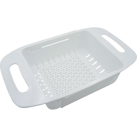 Cesto per Lavello 35x19x8 cm allungabile fino a 47 cm in Plastica Bianca - Colino per verdure, frutta per qualsiasi lavandino da cucina (1/5)