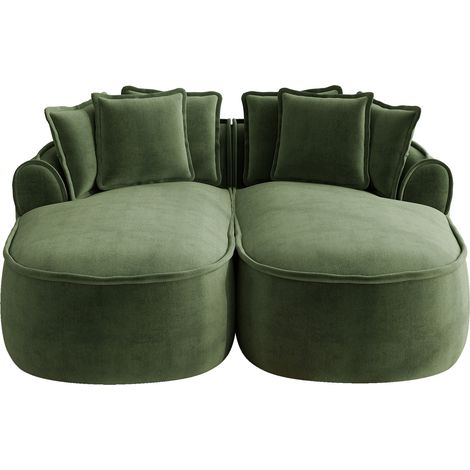 Canapé modulable en chenille verte avec chaise longue doubles, sans structure apparente (1/5)
