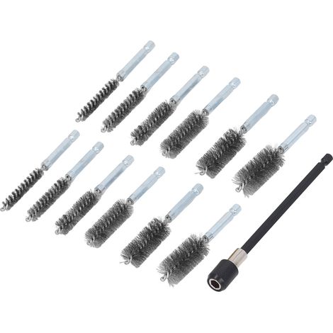 Ensemble de 13 brosses de nettoyage pour forets de diamètres 8 mm, 10 mm, 12 mm, 15 mm, 17 mm et 19 mm, tige de 1/4 po, fil d'acier argenté et rallonge de 15 cm (argenté) (1/5)