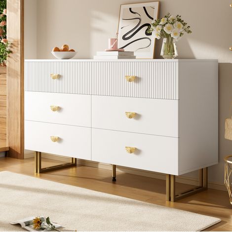 Sideboard 120x40x75 cm Weiß aus MDF mit 6 Schubladen und goldfarbenen Griffen (1/5)