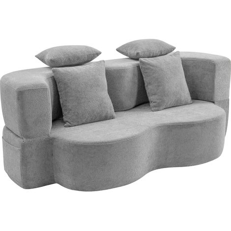 Canapé-lit modulaire 2 en 1 en bouclé, forme ondulée, avec coussins, pour salon (1/5)
