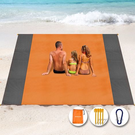 Tapis de Plage 140 x 200cm Anti Sable, Couverture de Plage Large Imperméable Compact Natte de Plage pour Plage, Camping, Picnic, Voyage (Orange) (1/5)