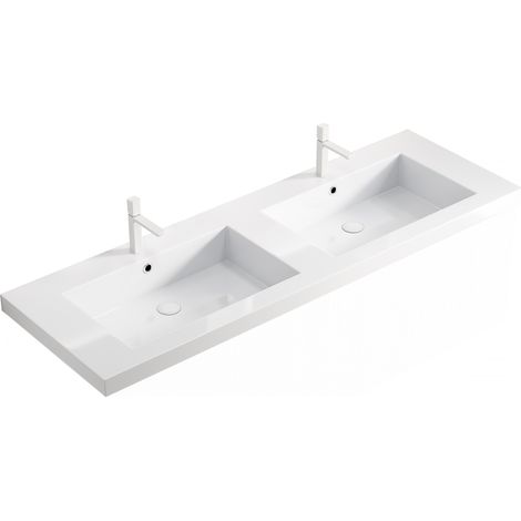 Vasque double GREA 140 cm, sans meuble sous-vasque, sans robinetterie ni bonde, blanche (1/5)
