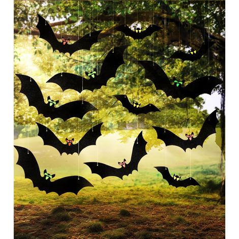 18 Pcs Deco Halloween Decoration Chauve, Chauves-Souris Volantes à Suspendre, 3 Tailles Chauves-Souris D'Halloween avec Autocollants pour les Yeux et Rouleau de Ligne, pour Mur D'Arbre, Porche, Cour (1/5)