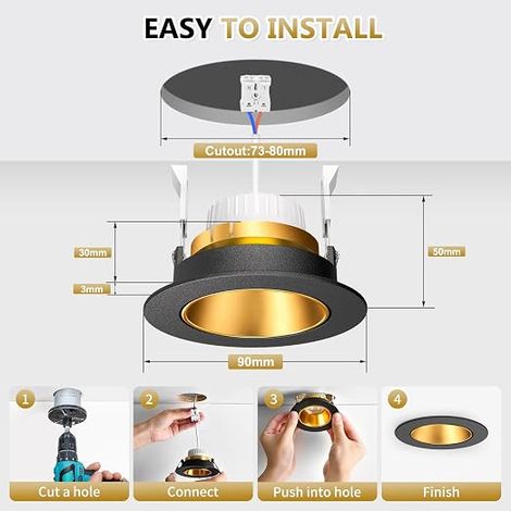 Spot LED Encastrable 230V Dimmable, 5W 550LM 3000K/4000K/6500K, Plafond Orientable, Réflecteur Profond, Module Amovible, 38°/120°, Trou Ø75-80mm, Noir Or (1/4)