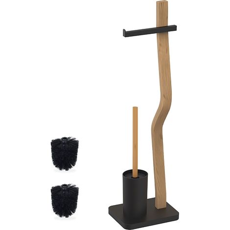 Relaxdays toilet set, HxWxD: 78.5 x 23 x 18 cm, wood & metal, freestanding toilet paper holder with brush, black/natural (1/5)
