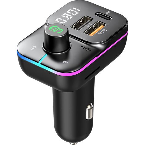 Autoradioadapter mit Bluetooth-FM-Transmitter, Zigarettenanzünder-Ladegerät mit 25-W-PD-USB-Anschluss und QC3.1, kompatibel mit RGB-LED/USB-Stick/Freisprecheinrichtung