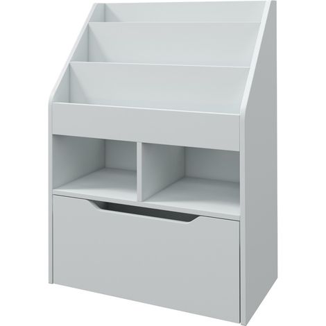 Libreria per bambini in MDF grigio con cassetto, 3 ripiani e 2 vani aperti, 60 x 29,9 x 90 cm (1/5)