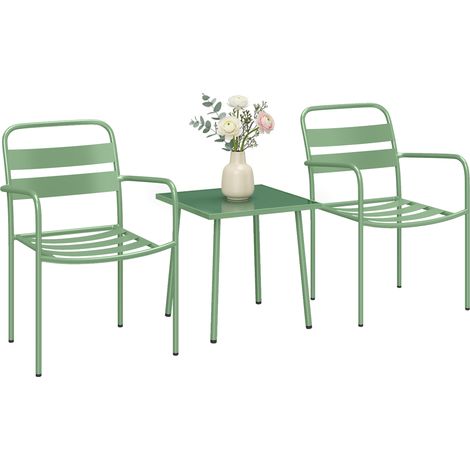 3-teiliges Garten-Set: Couchtisch aus gehärtetem Glas + 2 Lattenstühle, grünes, verzinktes Stahlgestell, robuste Bistro-Möbel für den Außenbereich.