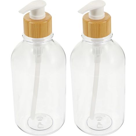 2 distributeurs liquides transparents avec pompe bois blanc, rechargeables pour savon, shampoing ou lotion, salle de bain/cuisine (1/5)