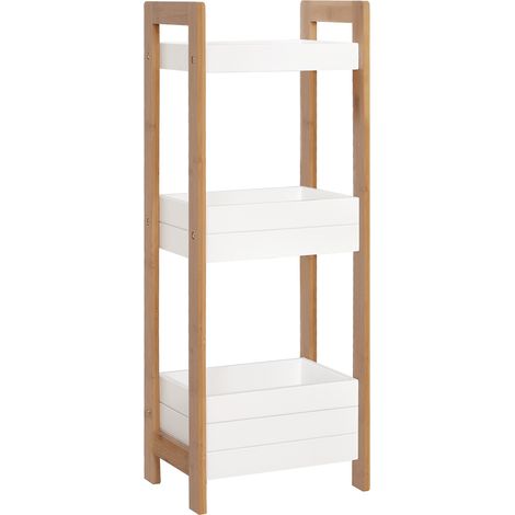 Étagère de salle de bain à 3 niveaux en bambou, idéale pour la cuisine, le salon ou la buanderie. Dimensions : 27,5 x 20,8 x 74 cm. Couleurs : blanc et naturel. (1/5)