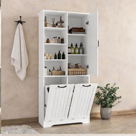 Meuble de salle de bain 78 cm blanc laqué 2 paniers à linge (1/5)