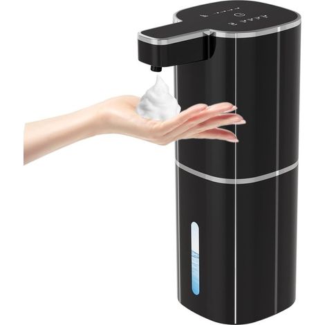Dispenser di sapone in schiuma nero, senza contatto, da 420 ml, con 4 livelli regolabili e ricaricabile tramite USB, ideale per bagno, cucina e scuola. (1/5)