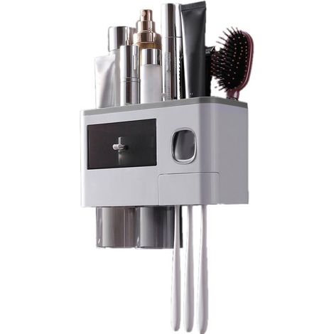 Porte-brosse à dents mural multifonction à fixation magnétique avec tiroir et distributeur de dentifrice à 2 compartiments, gris translucide (24,4 x 11,3 x 20 cm / 9,6 x 4,4 x 7,9 po) (1/4)