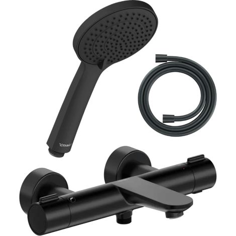 Conjunto de mezclador termostático para bañera/ducha DURAVIT Wave + cabezal de ducha universal 3 chorros + manguera de 160 cm en negro mate (1/5)