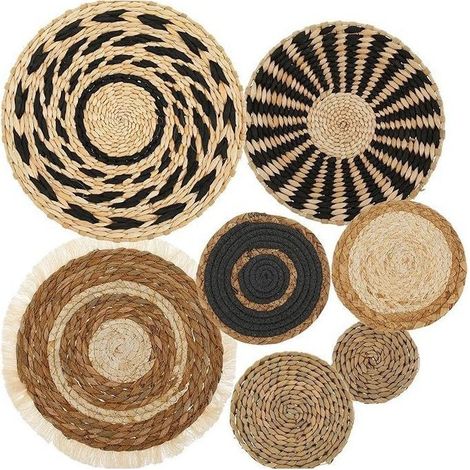 Ensemble de 7 paniers muraux bohèmes en osier - Décoration murale - Décoration murale pour salon - Style rustique - Multicolore - Fibre végétale (1/5)