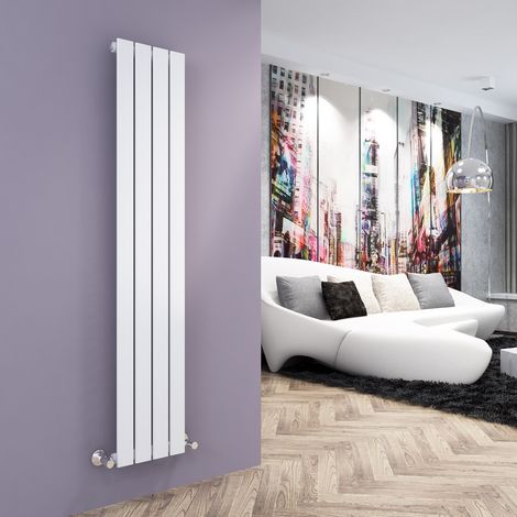 ELEGANT Designer Vertical Radiator 1600x304mm Flat Panel White Column with White Thermostatic Radiator Valves (1/5)