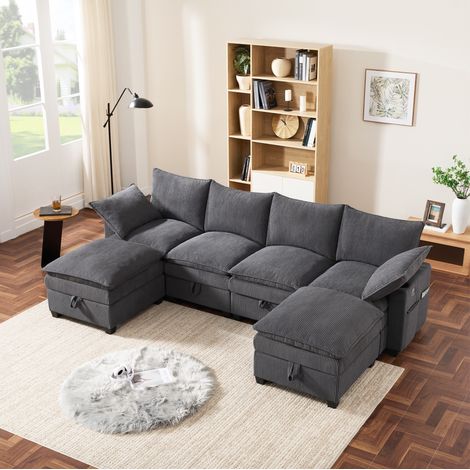 Canapé d'angle modulable en corduroy gris 5-6 places avec pouf, USB, rangements et porte-gobelets (1/5)