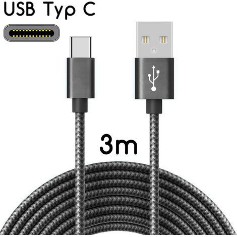 USB-C to USB 2.0 cable Nylon charging cable with USB Type-C connector / 3 m Black - (1/4)
