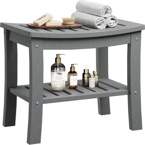 Banc de douche GarveeHome HDPE banquette salle de bain 2 étagère étanche charge 181 kg dimensions 52×35×45 cm gris (1/5)
