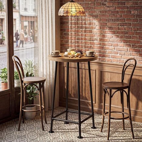 Tribesigns Table de Bar Ronde 95 cm, Table Haute Industrielle avec Repose-Pieds Métallique, Meuble Boisson pour Bistro, Cuisine, Petit Espace, Marron & Noir (Table Uniquement)