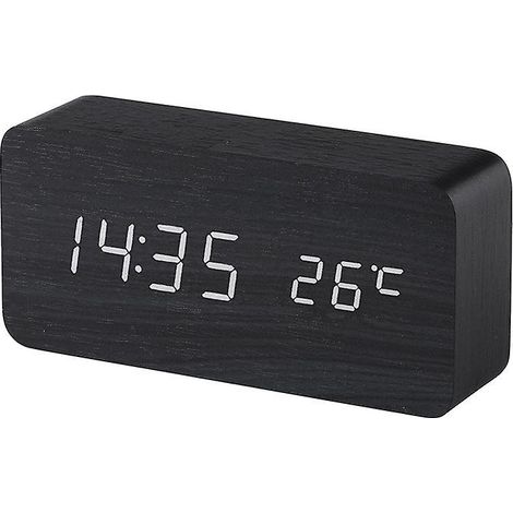 Réveil LED rectangulaire noir et blanc Pxcl aspect bois - Horloge numérique tactile avec affichage de la date, de l'heure et de la température (1/5)