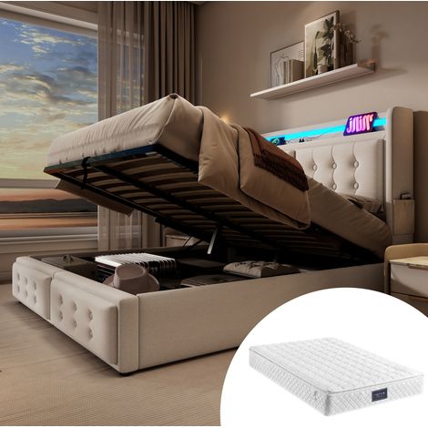 Polsterbett mit LED, USB-C und Stauraum 140x200 Beige OKMYHOME (1/5)