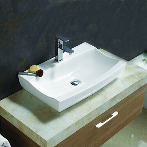 Rue Du Bain – Vasque à poser rectangulaire en céramique blanche 48x32 cm – Plage de robinetterie percée – Sans trop-plein – Pour salle de bain design