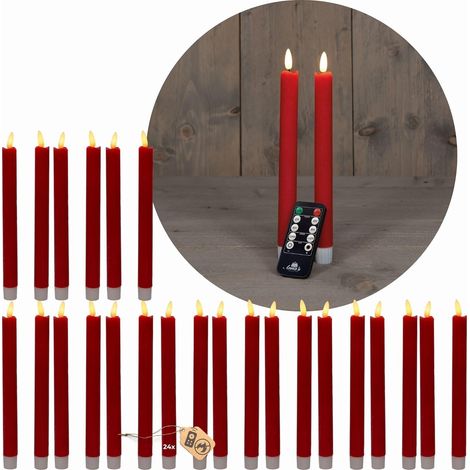Bougies coniques LED Novaliv 24 pièces VRAIE CIRE ROUGE - avec fonction minuterie 6 heures - hauteur 18 cm pour bougies 2,2 cm de diamètre 2 piles