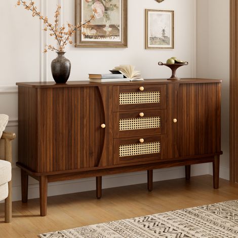 Buffet 141 x 40 x 77 cm, commode avec portes coulissantes, étagères réglables et plateau aux angles arrondis, décor rotin noyer (1/5)