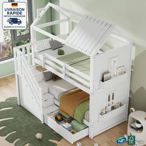 Lit superposé 90x200cm, lit enfant avec tiroirs, escalier avec rangement, sans matelas, blanc, pin + MDF (1/5)