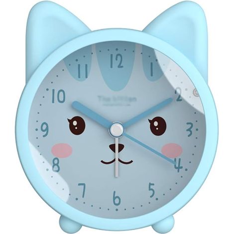 MINKUROW Niños Lindo Animal Gato Despertador Reloj Silencioso Sin Tictac Reloj De Silicona Luz Nocturna Reloj De Viaje Azul (1/5)