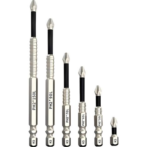 6-teiliges magnetisches Schraubendreher-Bit-Set – PH2 Anti-Rutsch-Bits für Bohrmaschinen oder Handschraubendreher, 25/50/65/70/90/150 mm, Hochpräzisionsmagnete für Elektrowerkzeuge und Reparaturen (6)